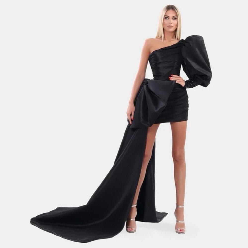 ALBINA DYLA One Shoulder Bow Dress in Black, size 4